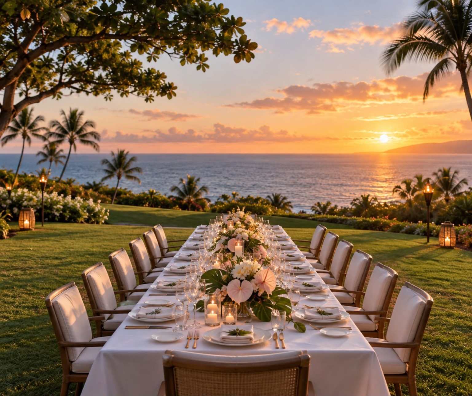 An elegant dinner table on a Hawaiian lawn overlooking the ocean at sunset