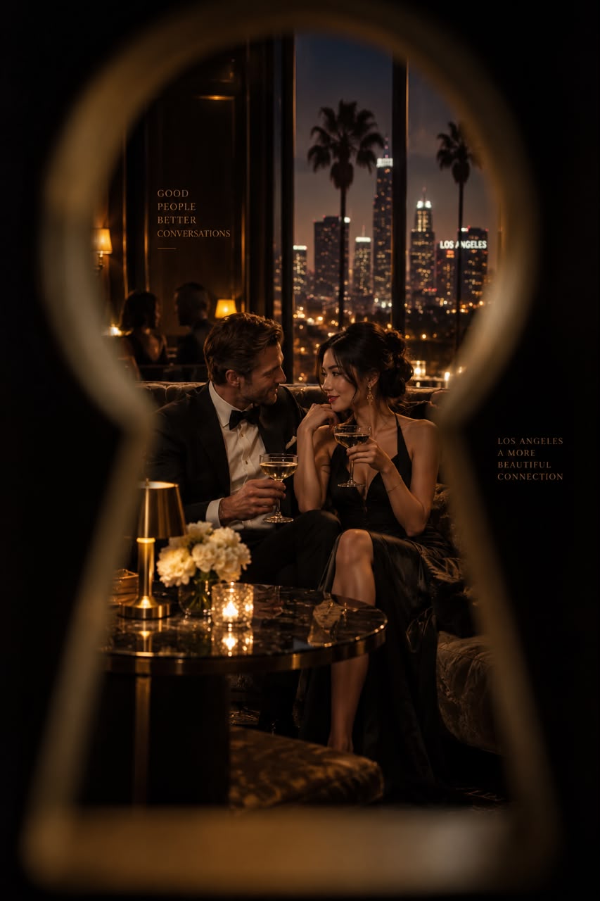A romantic couple with champagne in Los Angeles, framed through a keyhole